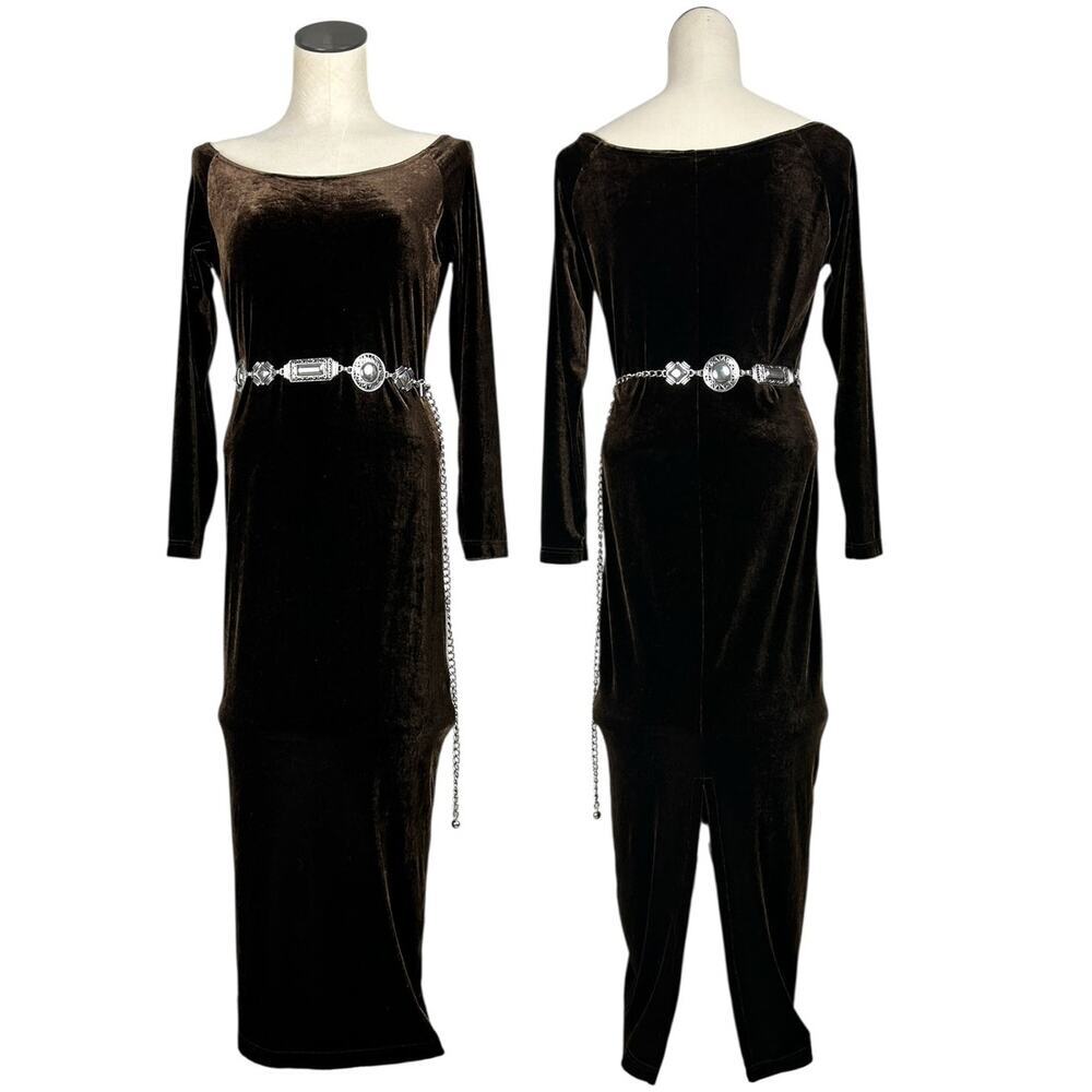 Express Y2K Chocolate Brown Long Sleeve Velvet Wide Neck Maxi Dress M